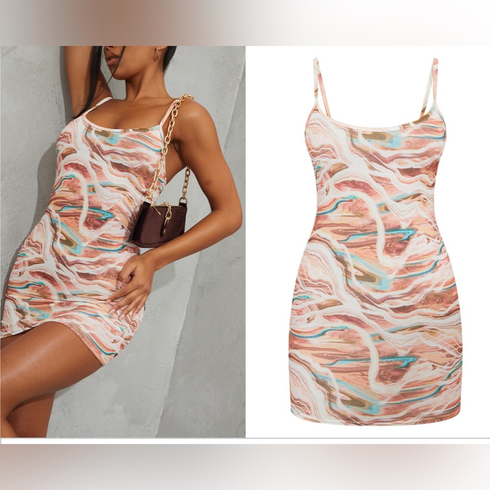 PLL MULTI Marble Print Ribbed Strappy Bodycon Dress US 0 / UK 4